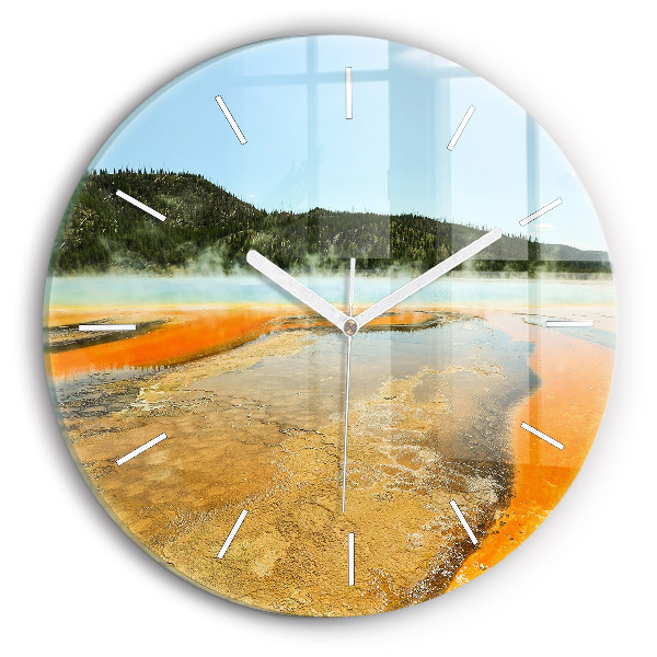 Round glass wall clock Lake with Mountains