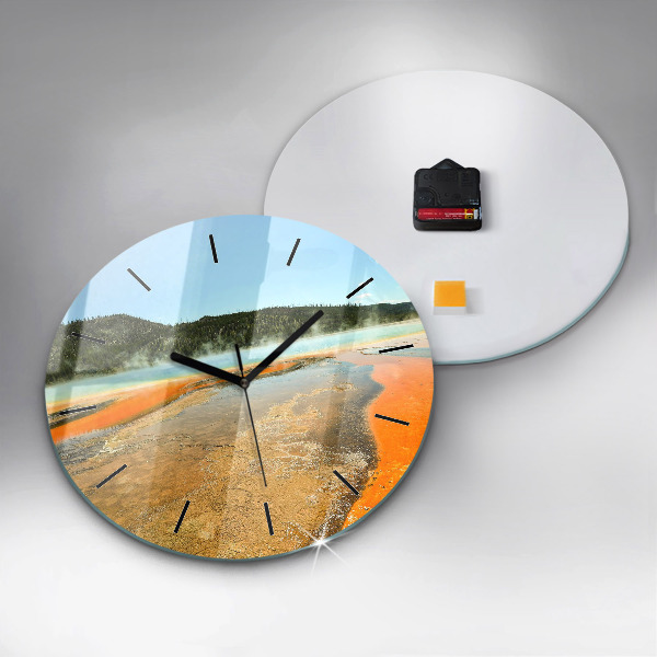 Round glass wall clock Lake with Mountains