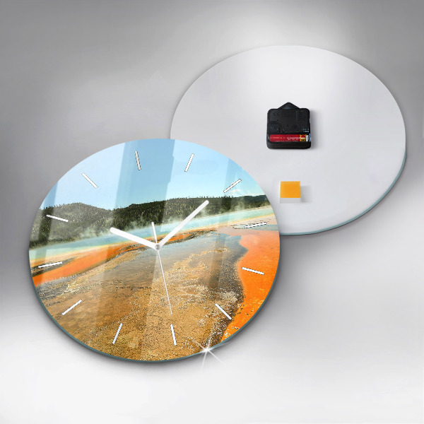 Round glass wall clock Lake with Mountains