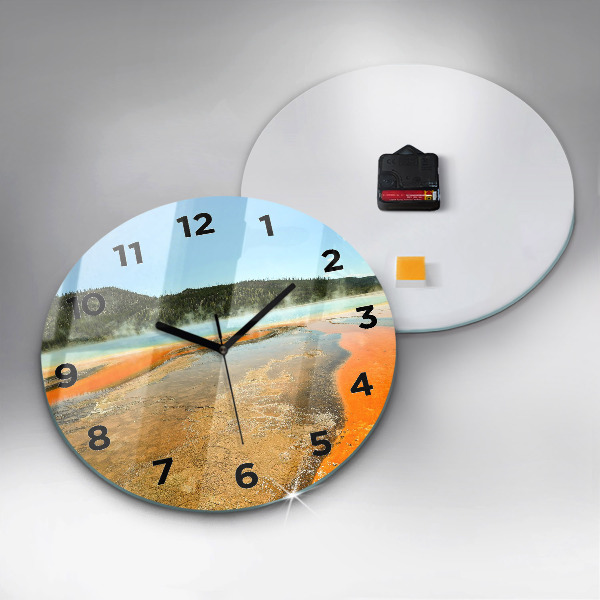 Round glass wall clock Lake with Mountains