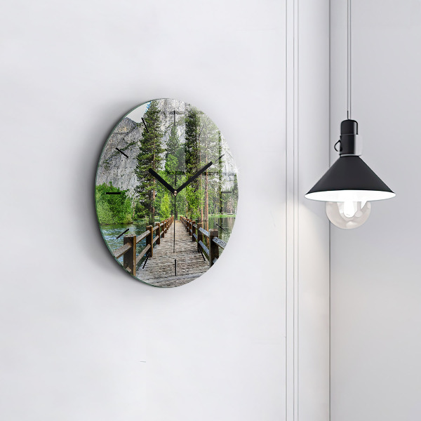 Round glass wall clock Yosemite Wooden Bridge