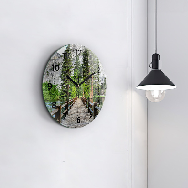 Round glass wall clock Yosemite Wooden Bridge