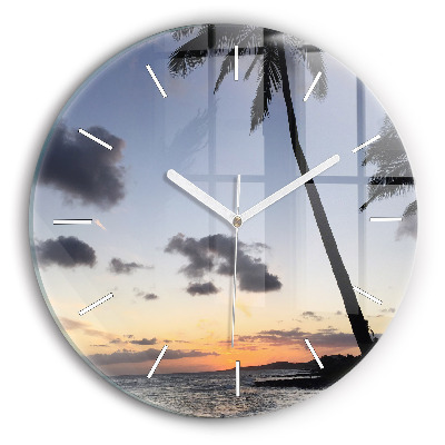 Round glass wall clock Palm tree and sunrise