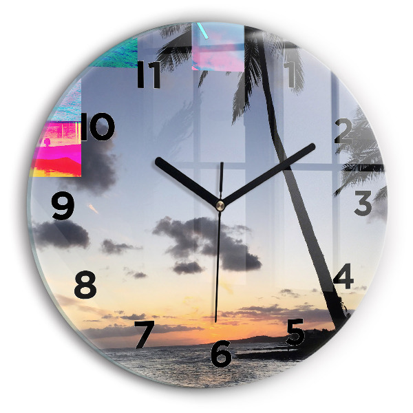 Round glass wall clock Palm tree and sunrise
