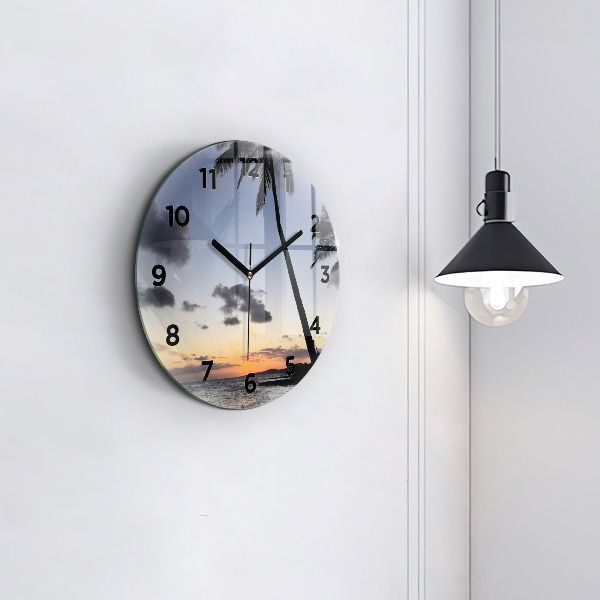 Round glass wall clock Palm tree and sunrise