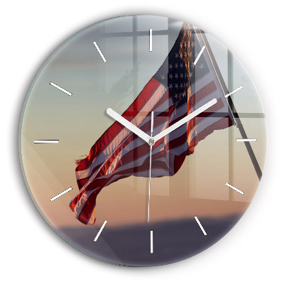 Round glass wall clock USA flag flying