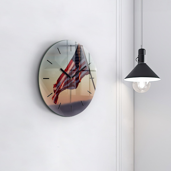 Round glass wall clock USA flag flying