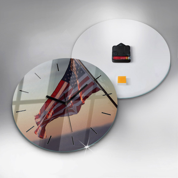 Round glass wall clock USA flag flying