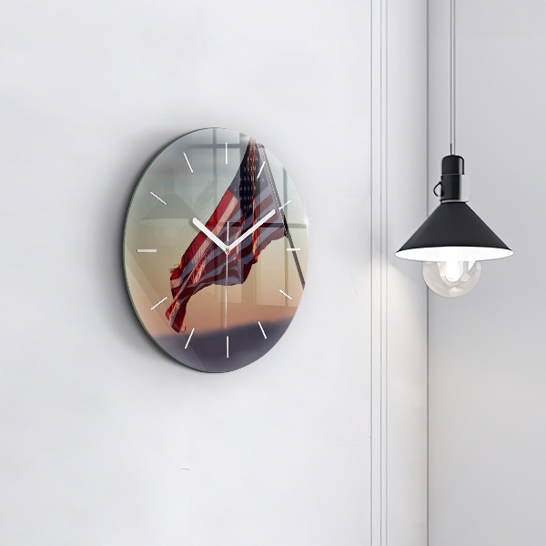 Round glass wall clock USA flag flying