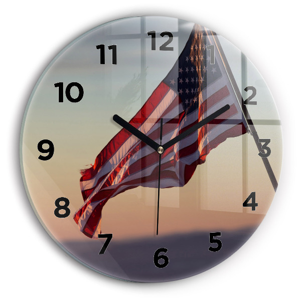 Round glass wall clock USA flag flying