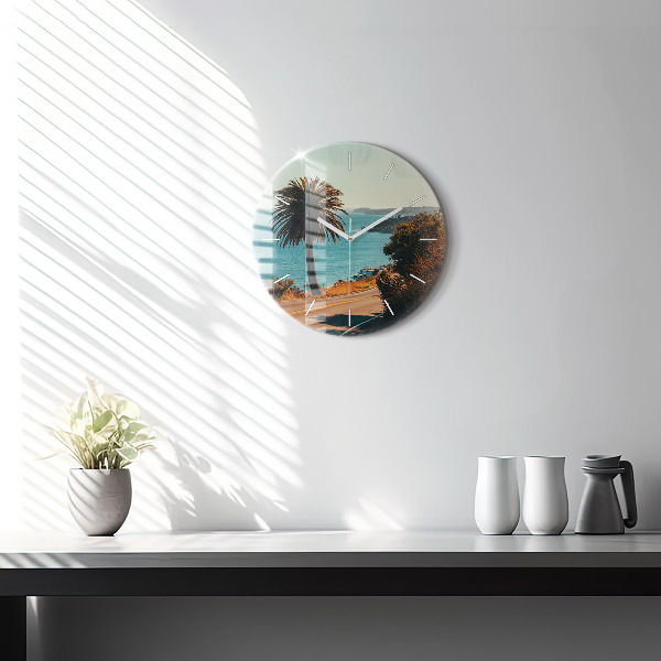 Round glass wall clock Palm trees in Malibu