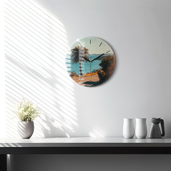 Round glass wall clock Palm trees in Malibu