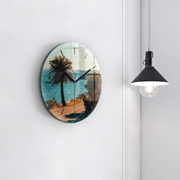 Round glass wall clock Palm trees in Malibu