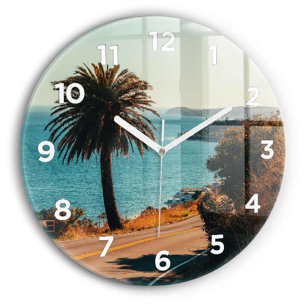 Round glass wall clock Palm trees in Malibu
