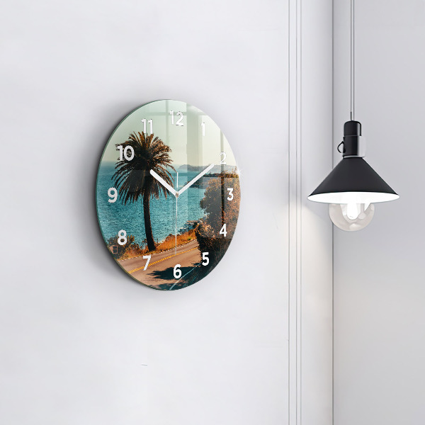 Round glass wall clock Palm trees in Malibu