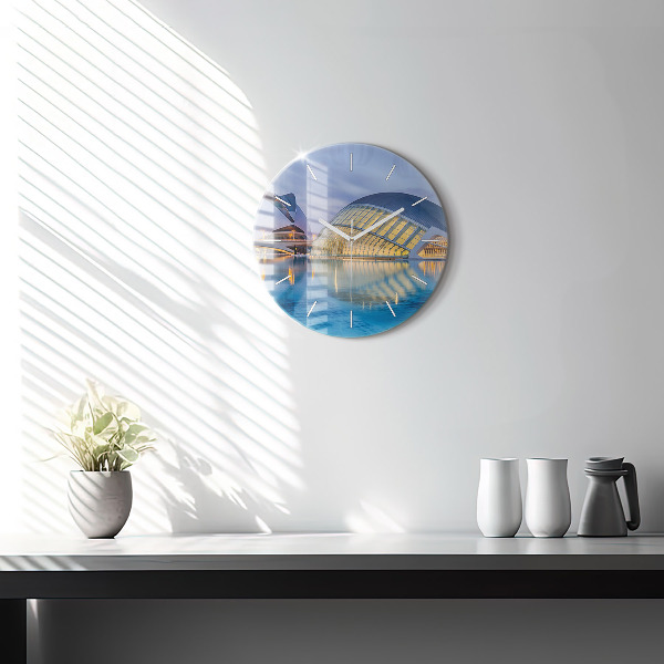Round glass wall clock City sunset