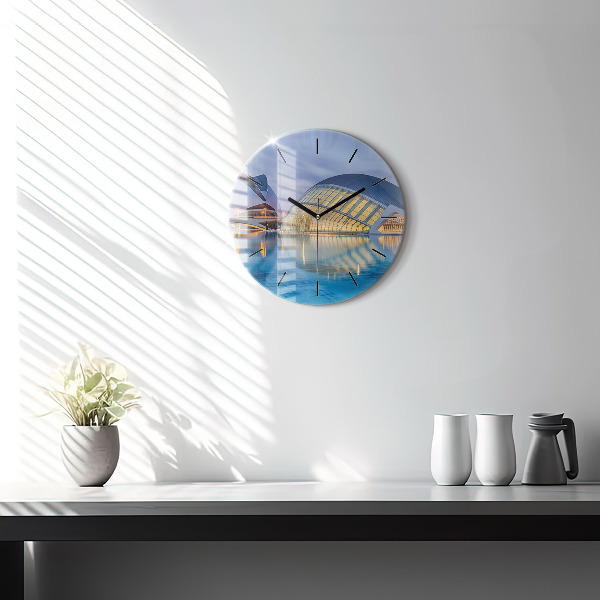 Round glass wall clock City sunset