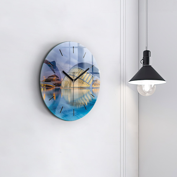 Round glass wall clock City sunset