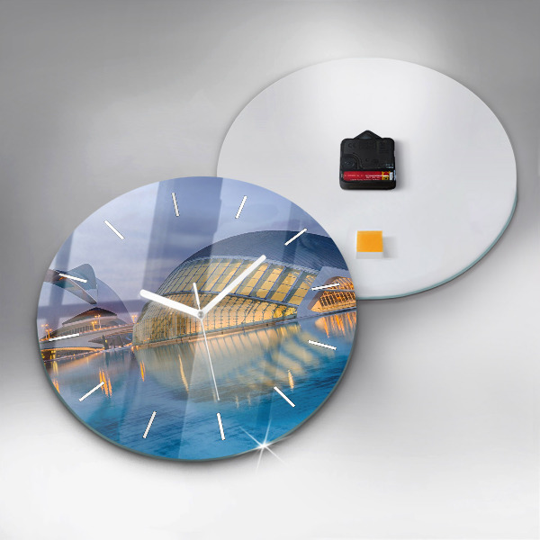 Round glass wall clock City sunset