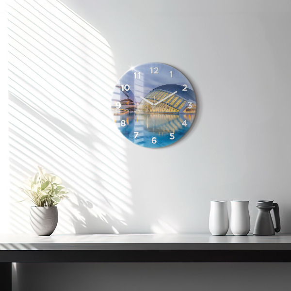 Round glass wall clock City sunset