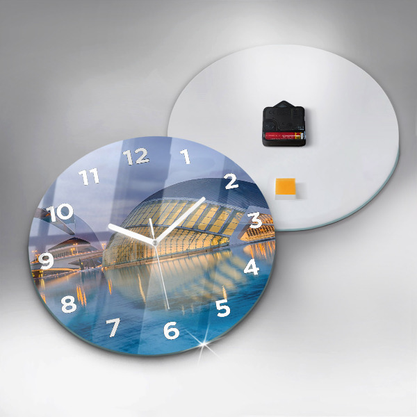Round glass wall clock City sunset