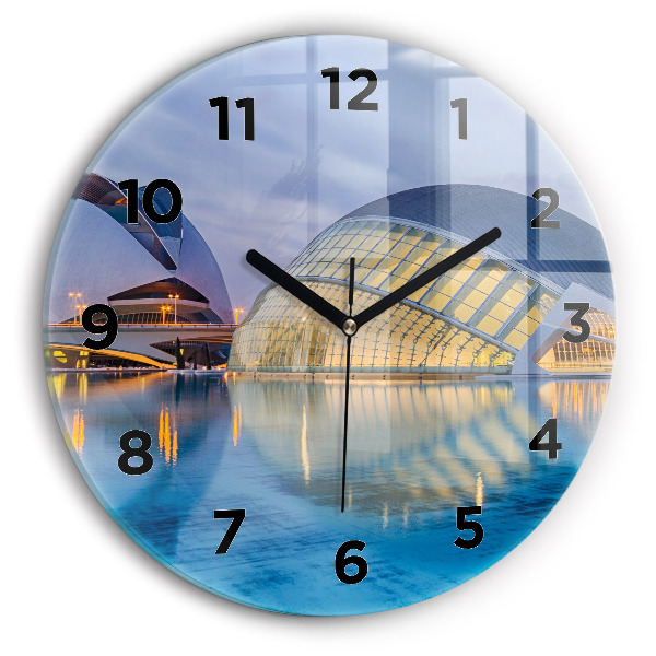 Round glass wall clock City sunset