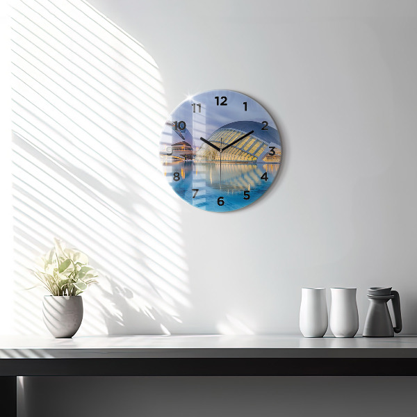 Round glass wall clock City sunset