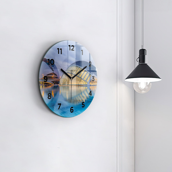 Round glass wall clock City sunset