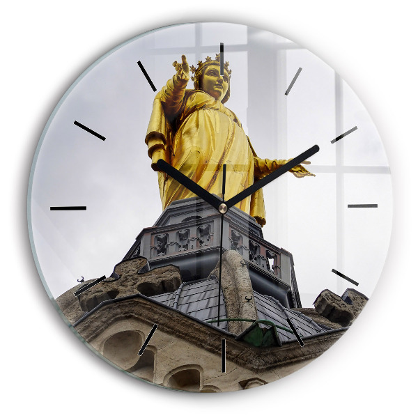 Round glass wall clock Statue of the Virgin Mary in Lyon