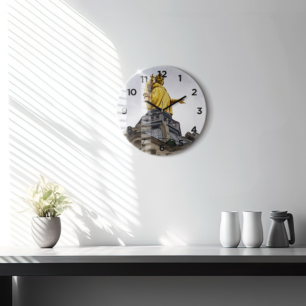 Round glass wall clock Statue of the Virgin Mary in Lyon