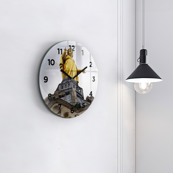 Round glass wall clock Statue of the Virgin Mary in Lyon