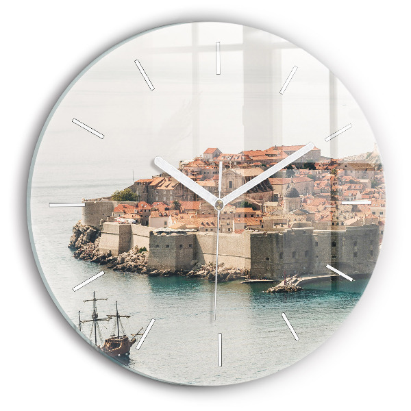 Round glass wall clock Sailing ship in Dubrovnik