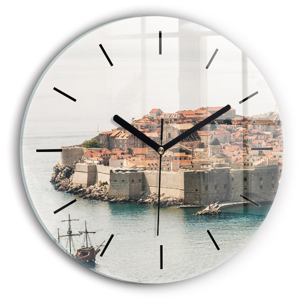 Round glass wall clock Sailing ship in Dubrovnik