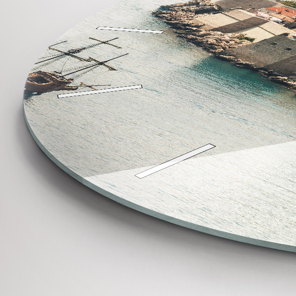 Round glass wall clock Sailing ship in Dubrovnik
