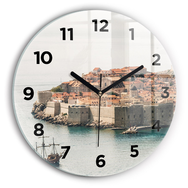 Round glass wall clock Sailing ship in Dubrovnik