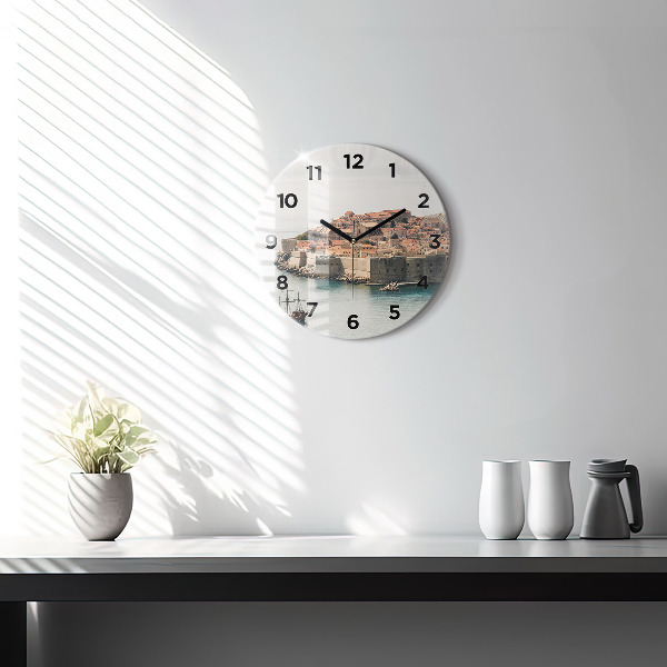 Round glass wall clock Sailing ship in Dubrovnik