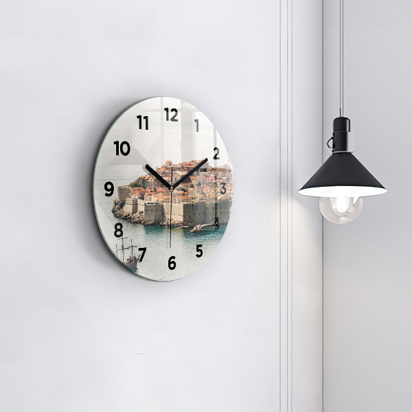 Round glass wall clock Sailing ship in Dubrovnik