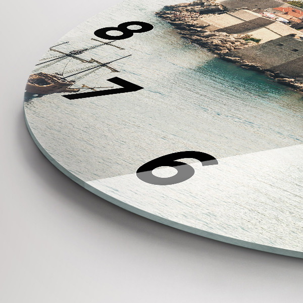 Round glass wall clock Sailing ship in Dubrovnik