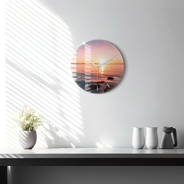 Round glass wall clock Rocks at sunset