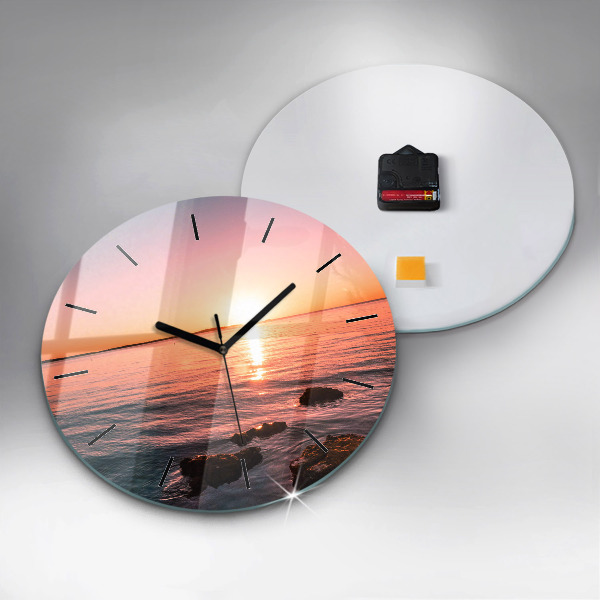 Round glass wall clock Rocks at sunset