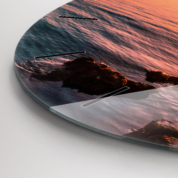 Round glass wall clock Rocks at sunset
