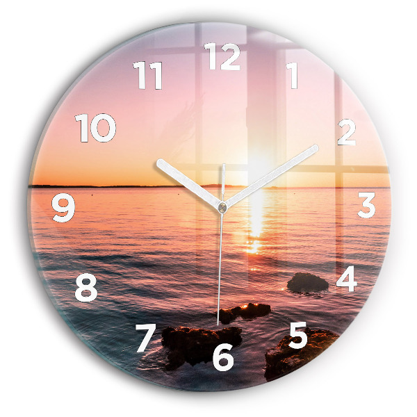 Round glass wall clock Rocks at sunset