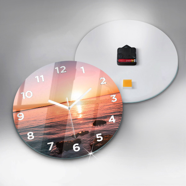 Round glass wall clock Rocks at sunset