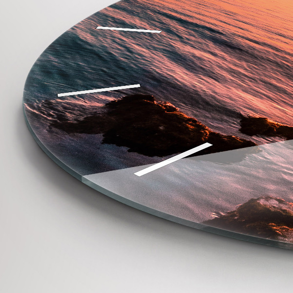 Round glass wall clock Rocks at sunset