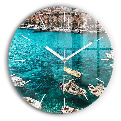 Round glass wall clock Boats in Croatia