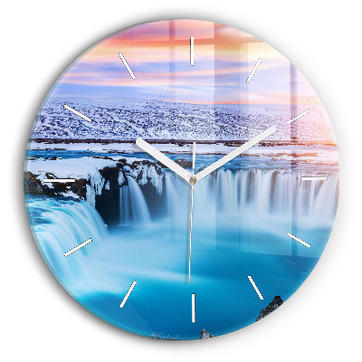 Round glass wall clock Godafoss Waterfall Iceland