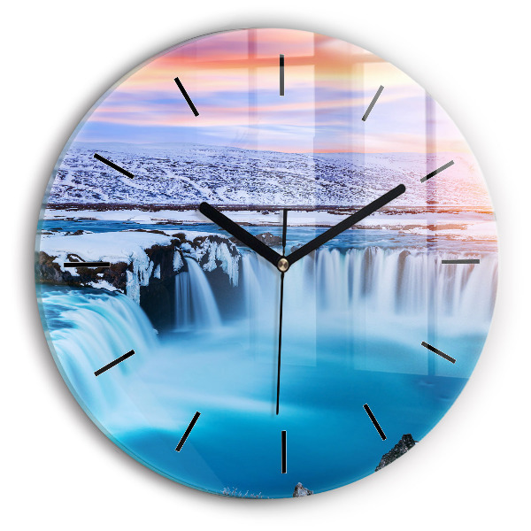 Round glass wall clock Godafoss Waterfall Iceland