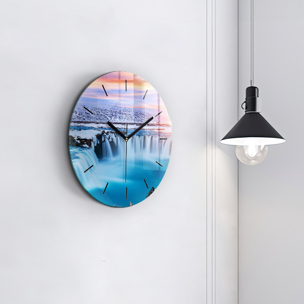 Round glass wall clock Godafoss Waterfall Iceland