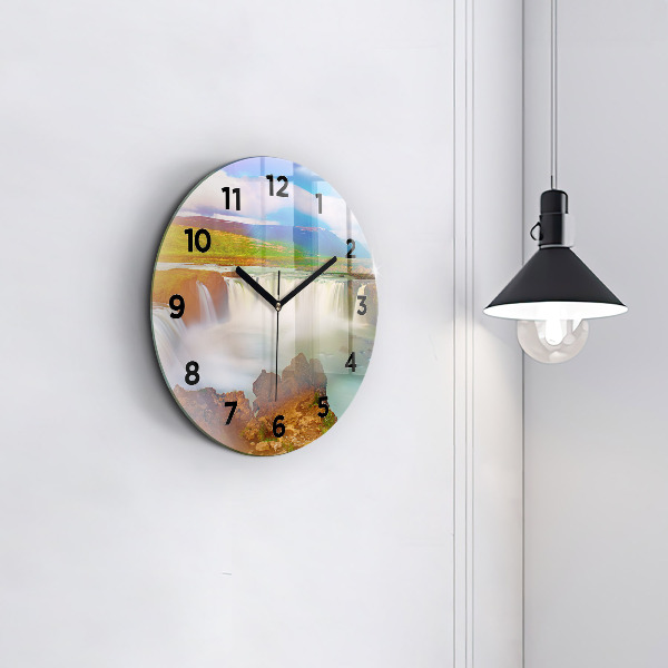 Round glass wall clock Godafoss in Iceland