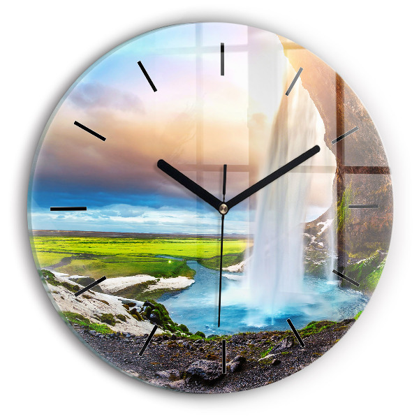 Round glass wall clock Waterfall in Iceland